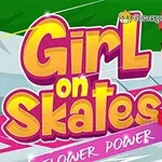 Dibujo de una niña en patines con casco rosa, sosteniendo flores y con un fondo colorido con texto en letras grandes y llamativas