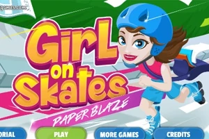 Niña con casco azul patinando junto a un colorido texto que dice Girl on Skates: Paper Blaze