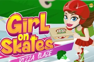 Niña con casco rojo patinando y cargando una caja de pizza junto al texto Girl on Skates: Pizza Blaze