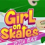 Niña con casco rojo patinando y cargando una caja de pizza junto al texto Girl on Skates: Pizza Blaze