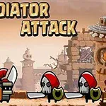 Tres personajes de dibujos animados vestidos como gladiadores en un escenario de ruinas antiguas con torres y calaveras