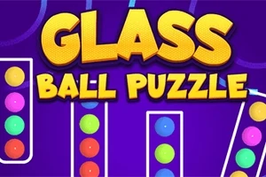 Texto amarillo grande dice GLASS BALL PUZZLE sobre un fondo morado con tubos que contienen bolas de colores