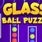 Texto amarillo grande dice GLASS BALL PUZZLE sobre un fondo morado con tubos que contienen bolas de colores