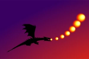 Dragón negro silueteado lanzando bolas de fuego en un cielo degradado de púrpura a naranja