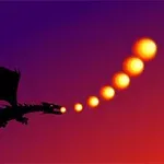 Dragón negro silueteado lanzando bolas de fuego en un cielo degradado de púrpura a naranja