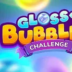 Texto colorido Glossy Bubbles Challenge con burbujas de colores vibrantes en el fondo