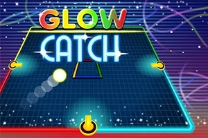Fondo colorido con un tablero de cuadrícula iluminado con las palabras Glow Catch en el centro y detalles de luces brillantes alrededor