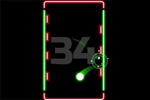 Fondo negro con un marco rectangular rojo, segmentos interiores rojos y verdes, y un número grande 34 en el centro sobre una trayectoria curva verde con un punto iluminado