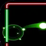 Fondo negro con un marco rectangular rojo, segmentos interiores rojos y verdes, y un número grande 34 en el centro sobre una trayectoria curva verde con un punto iluminado