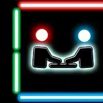Dos figuras enfrentadas con controles, rodeadas por un marco de luces de neón en colores rojo, amarillo, azul y verde