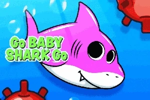 Tiburón rosado con ojos grandes nadando en el agua, con texto Go Baby Shark Go y minas submarinas rojas alrededor