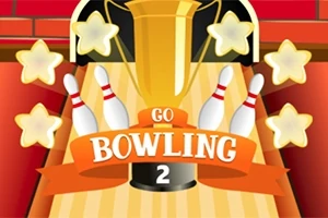 Trofeo dorado rodeado de estrellas y pinos de boliche con un banner anaranjado que dice Go Bowling 2