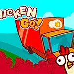 Gallinas caricaturizadas observan un camión rojo con las palabras Go Chicken Go en un paisaje colorido