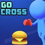Personaje azul con guantes rojos corriendo hacia una hamburguesa sobre un fondo azul, con el texto Go Cross
