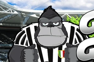 Gorila caricaturizado con expresión seria vistiendo un uniforme a rayas blancas y negras en un entorno de estadio