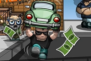 Un personaje con gafas de sol levanta un automóvil verde mientras billetes de dólar flotan a su alrededor, y otra figura observa desde el fondo