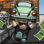 Un personaje con gafas de sol levanta un automóvil verde mientras billetes de dólar flotan a su alrededor, y otra figura observa desde el fondo