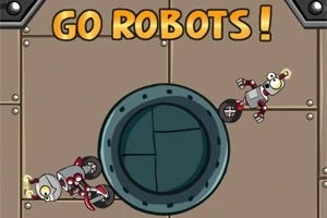 Dos robots con ruedas en un entorno metálico junto a un texto que dice GO ROBOTS!