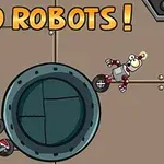 Dos robots con ruedas en un entorno metálico junto a un texto que dice GO ROBOTS!