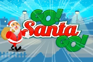 Santa Claus caminando con un saco de regalos junto al texto Go!