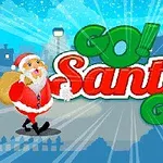 Santa Claus caminando con un saco de regalos junto al texto Go!