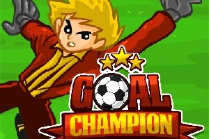 Portero de cabello rubio y uniforme rojo estirándose para detener un balón junto al texto Goal Champion en un campo verde