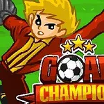 Portero de cabello rubio y uniforme rojo estirándose para detener un balón junto al texto Goal Champion en un campo verde