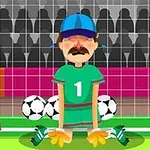 Portero animado arrodillado frente a una portería con balones de fútbol detrás