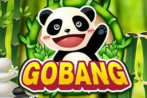 Un panda caricaturesco y sonriente con la palabra Gobang en un fondo de bambú verde