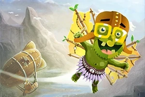 Un personaje verde con casco y gafas vuela con alas improvisadas sobre un paisaje montañoso con un dirigible al fondo