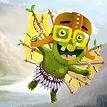 Un personaje verde con casco y gafas vuela con alas improvisadas sobre un paisaje montañoso con un dirigible al fondo