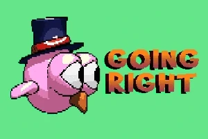 Un pájaro rosado con sombrero negro junto a las palabras GOING RIGHT en un fondo verde
