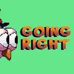 Un pájaro rosado con sombrero negro junto a las palabras GOING RIGHT en un fondo verde