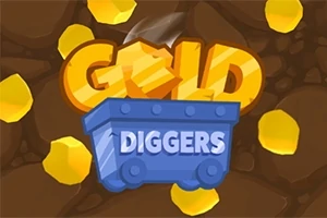 Carro de mina azul con la palabra DIGGERS en un fondo de túnel subterráneo con pepitas de oro y las letras GOLD