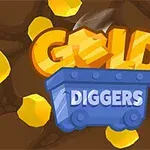 Carro de mina azul con la palabra DIGGERS en un fondo de túnel subterráneo con pepitas de oro y las letras GOLD