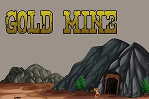 Entrada de mina con montañas rocosas al fondo y un personaje pequeño frente a un letrero que dice Gold Mine