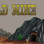 Entrada de mina con montañas rocosas al fondo y un personaje pequeño frente a un letrero que dice Gold Mine