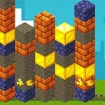 Personaje pixelado con casco y pico junto a columnas de bloques coloridos