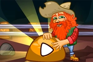 Un personaje barbudo con sombrero acaricia una gran pepita de oro brillante con un símbolo de play, en un entorno que parece ser una mina