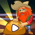 Un personaje barbudo con sombrero acaricia una gran pepita de oro brillante con un símbolo de play, en un entorno que parece ser una mina
