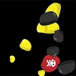 Piedras en tonos amarillos, negros y una roja con una calavera blanca sobre un fondo negro