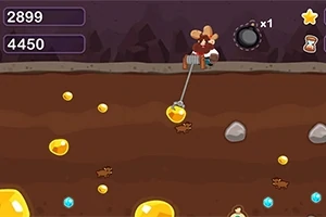 Un personaje con sombrero maneja una garra para recoger pepitas doradas en un escenario subterráneo con rocas y puntuaciones en la esquina