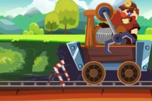 Un personaje caricaturesco con casco opera un pequeño vehículo con un taladro en un entorno de bosque con vías de tren