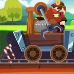 Un personaje caricaturesco con casco opera un pequeño vehículo con un taladro en un entorno de bosque con vías de tren