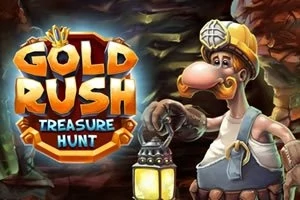 Minero caricaturesco con casco y lámpara en una cueva, junto a un letrero que dice Gold Rush Treasure Hunt