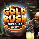 Minero caricaturesco con casco y lámpara en una cueva, junto a un letrero que dice Gold Rush Treasure Hunt
