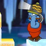 Un personaje con casco de explorador avanza por bloques de hielo y nieve en un entorno cavernoso