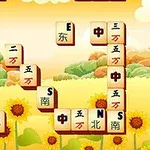 Fichas de caracteres chinos sobre un fondo de girasoles en un paisaje otoñal