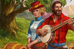 Un hombre con barba toca un banjo mientras una mujer con sombrero rojo y vestido azul está de pie junto a él en un entorno campestre