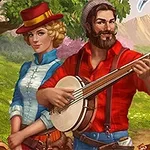 Un hombre con barba toca un banjo mientras una mujer con sombrero rojo y vestido azul está de pie junto a él en un entorno campestre